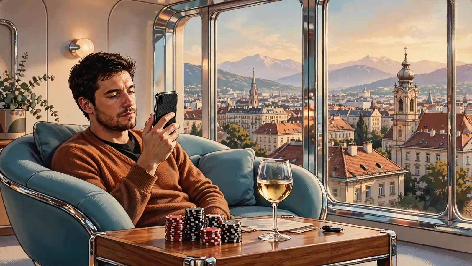 Mann in Wiener Wohnung mit Smartphone und Pokerchips auf dem Tisch