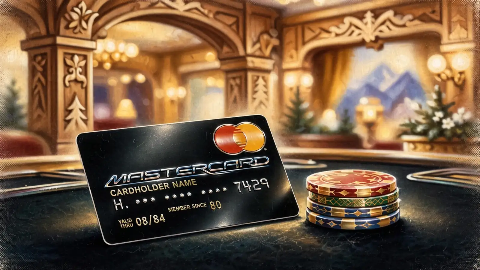 Mastercard-Kreditkarte auf Casino-Tisch mit Chips und österreichischer Casino-Atmosphäre