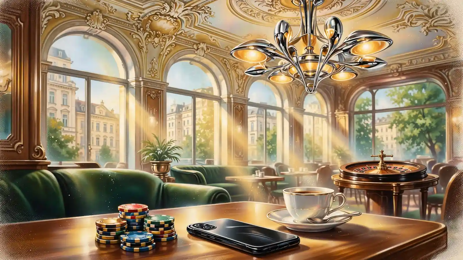 Elegantes Wiener Kaffeehaus mit Casino-Chips, Smartphone und Roulette auf einem Holztisch.