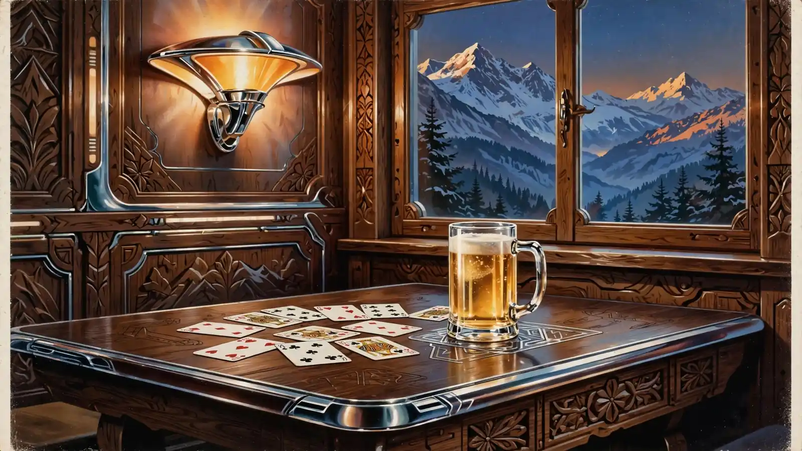 Spielkarten und Bierkrug in einer österreichischen Almhütte