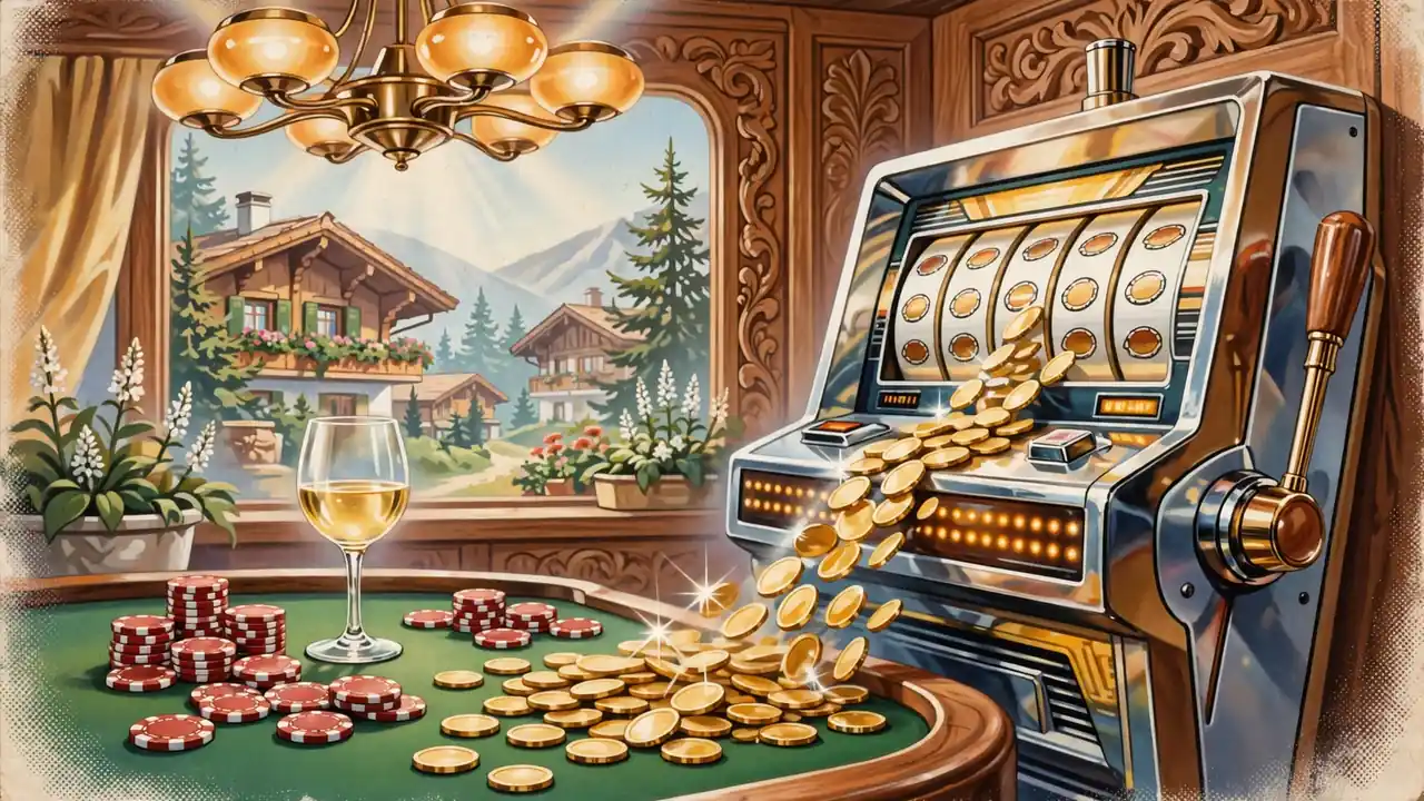 Goldmünzen neben einem klassischen Spielautomaten in einer warmen österreichischen Spielhalle.