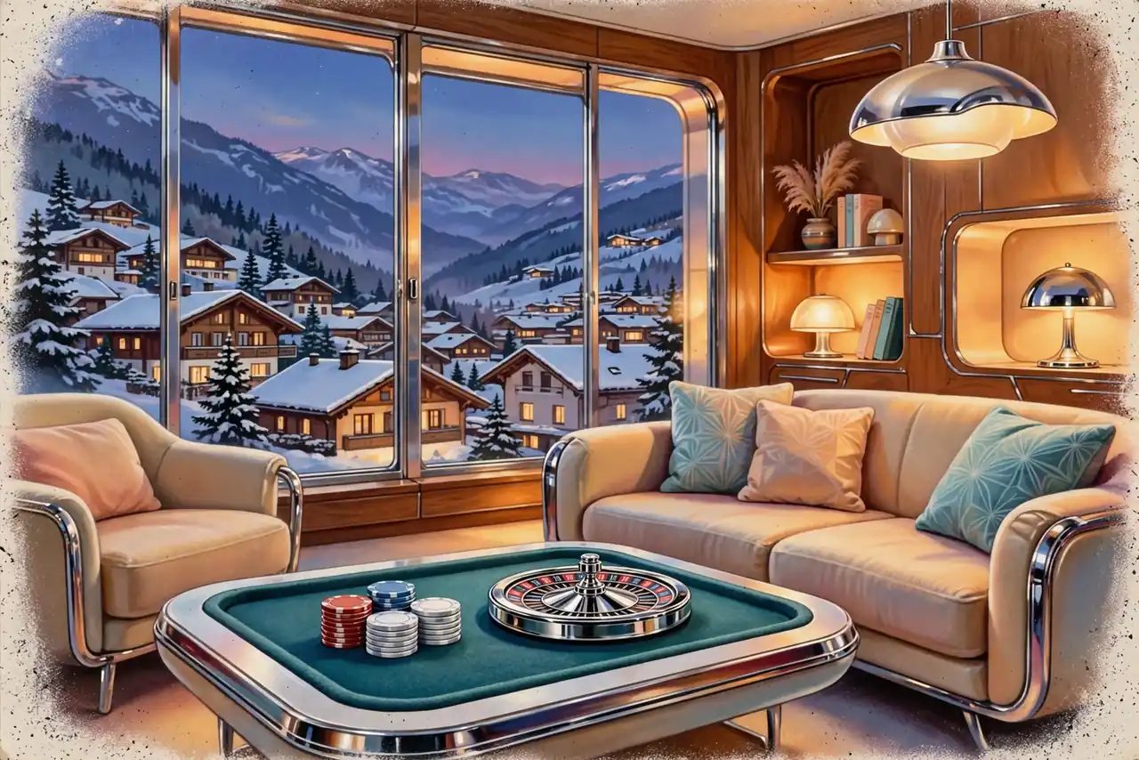 Alpine Wohnung mit Roulette und Chips auf dem Tisch