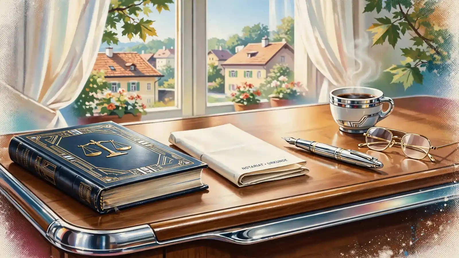 Schreibtisch in einem österreichischen Notariat mit Gesetzesbuch, Füllfederhalter und Dokument.