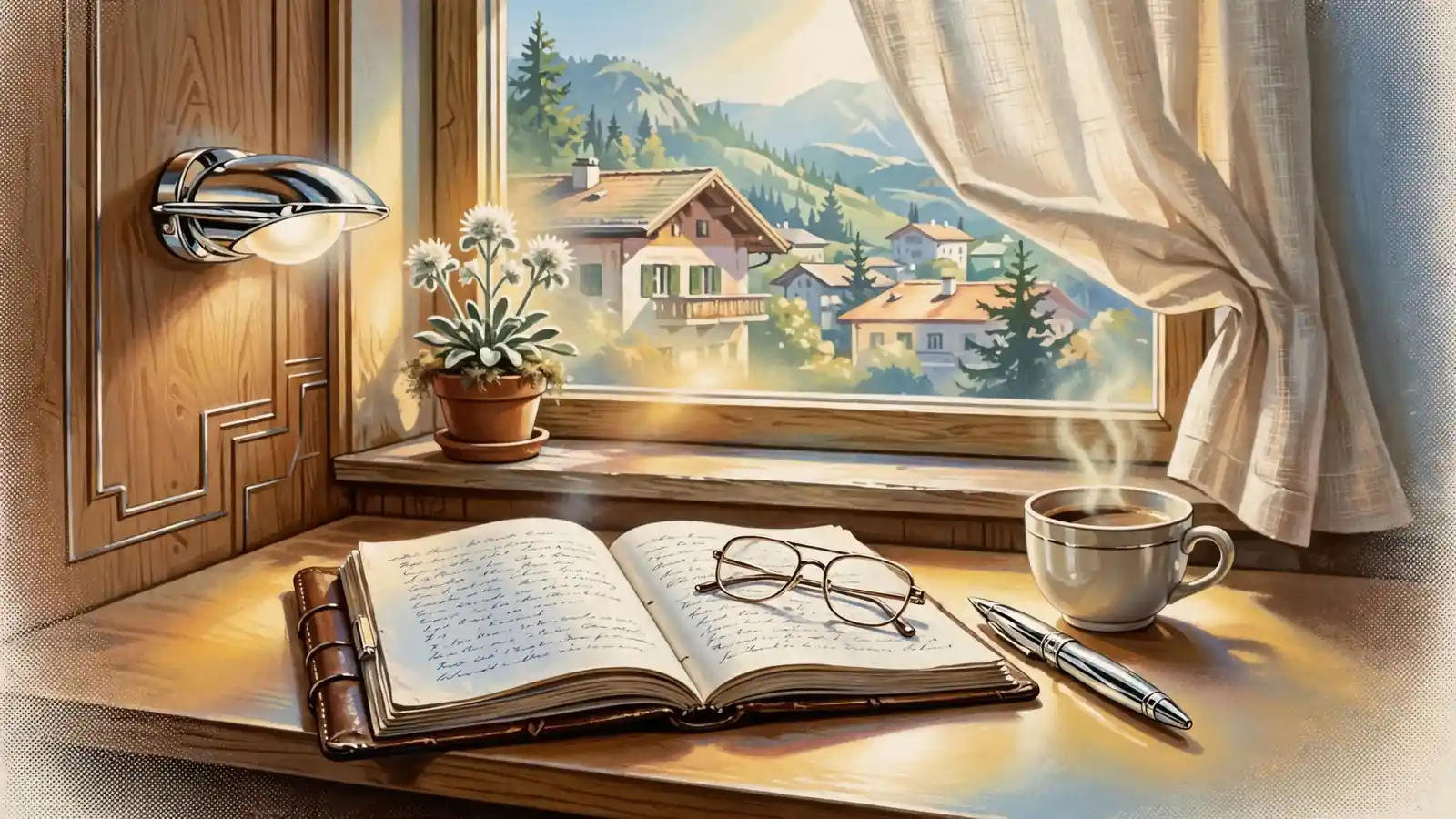 Schreibtisch mit Notizbuch, Füller und Kaffeetasse in einem hellen österreichischen Arbeitszimmer.