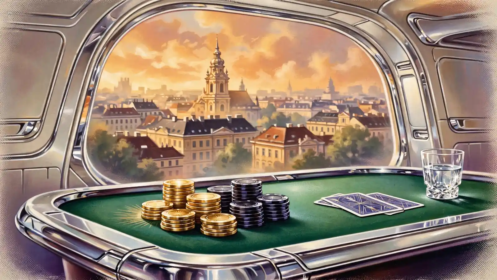 Casino-Tisch mit Pokerchips und Karten, Blick auf Wiener Dächer durch ein Bogenfenster bei warmem Abendlicht.