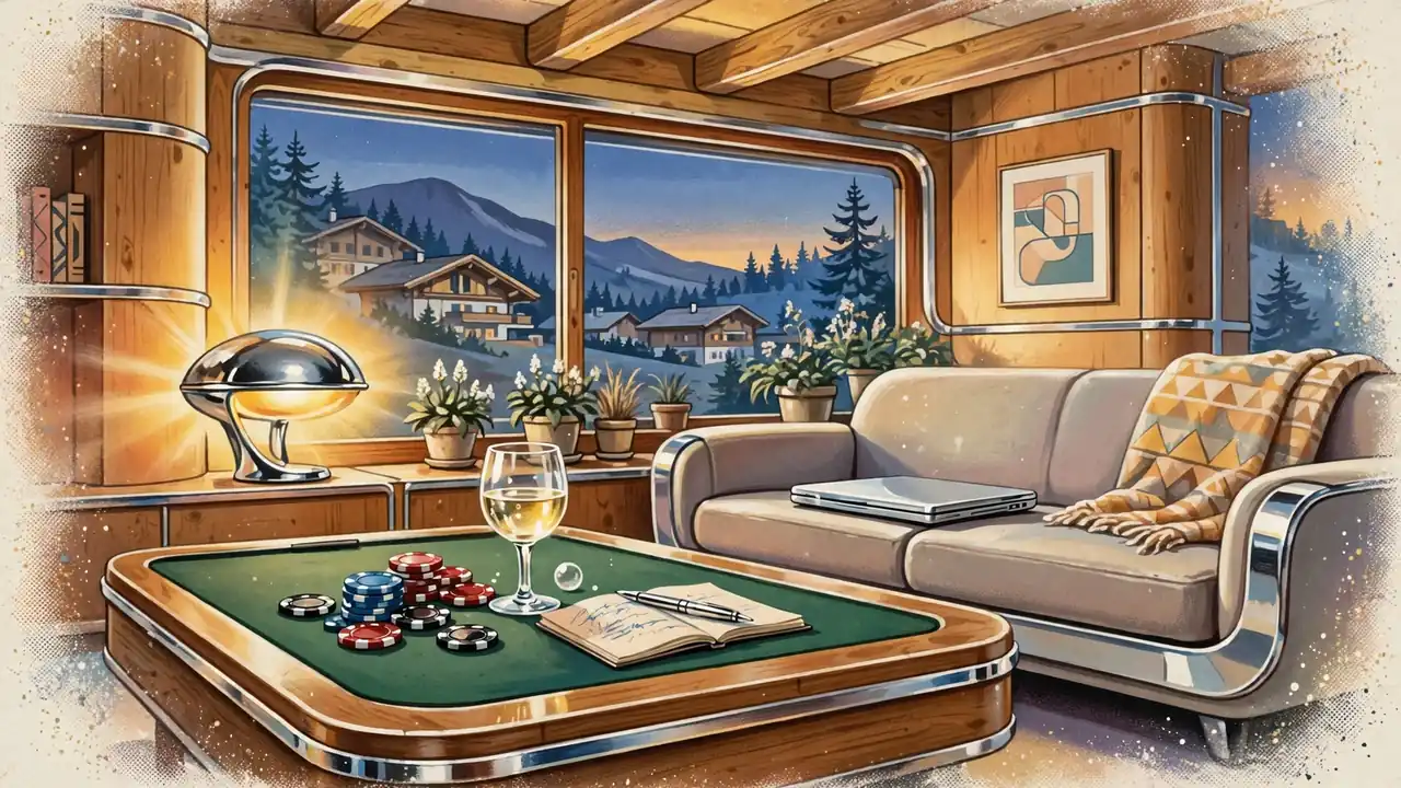Gemütlicher Abend im österreichischen Wohnzimmer mit Spielchips und Weinglas auf dem Tisch.