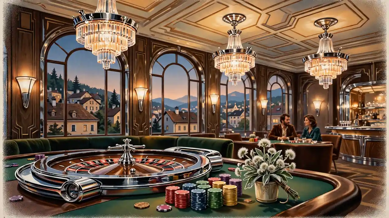 Edles österreichisches Casino-Saloninterieur mit Roulette, Chips und Alpenblick