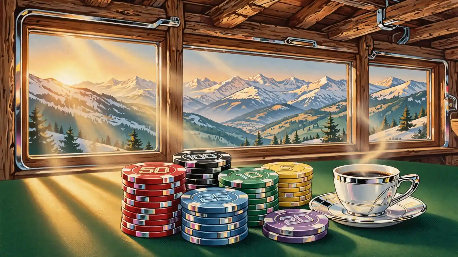 Gestapelte Casino-Chips und Kaffeetasse auf grünem Filz in einer österreichischen Alphütte mit Alpenblick