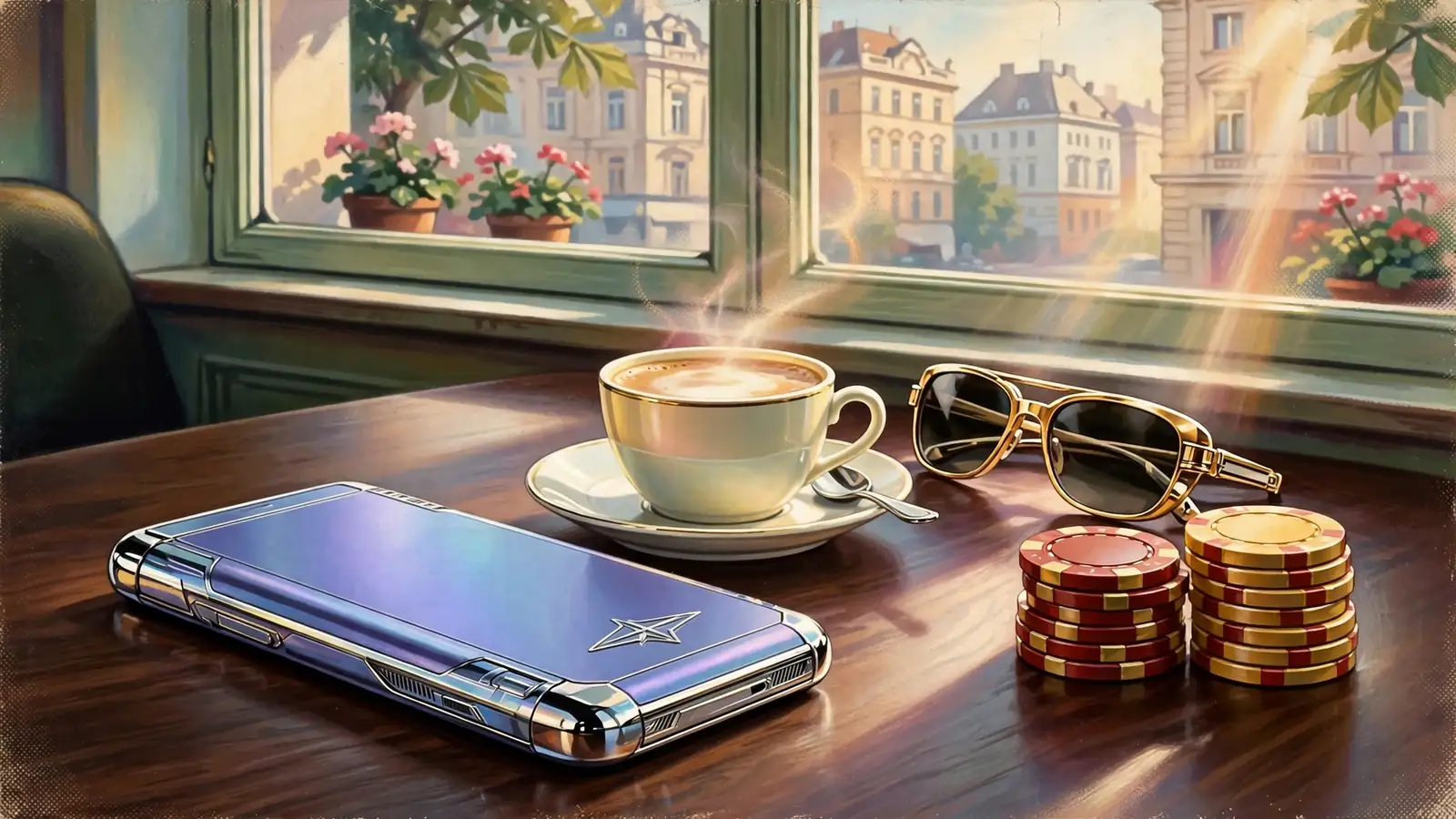 Smartphone auf einem Wiener Kaffeetisch mit Casino-Chips und Melange