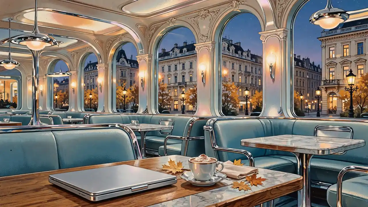 Wiener Café mit geschlossenem Laptop und Kaffee, österreichische Architektur im Hintergrund