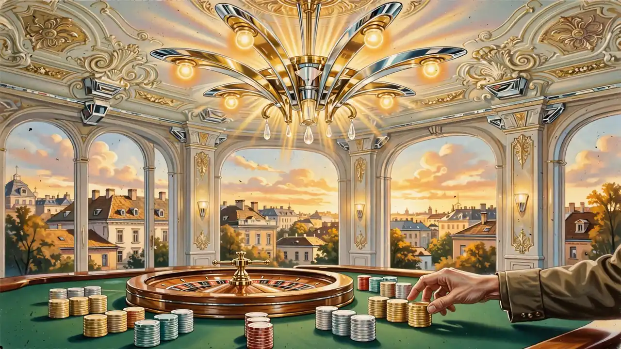 Wiener Spielsaal mit Roulette-Tisch, Chip-Stapeln und warmem Kronleuchter