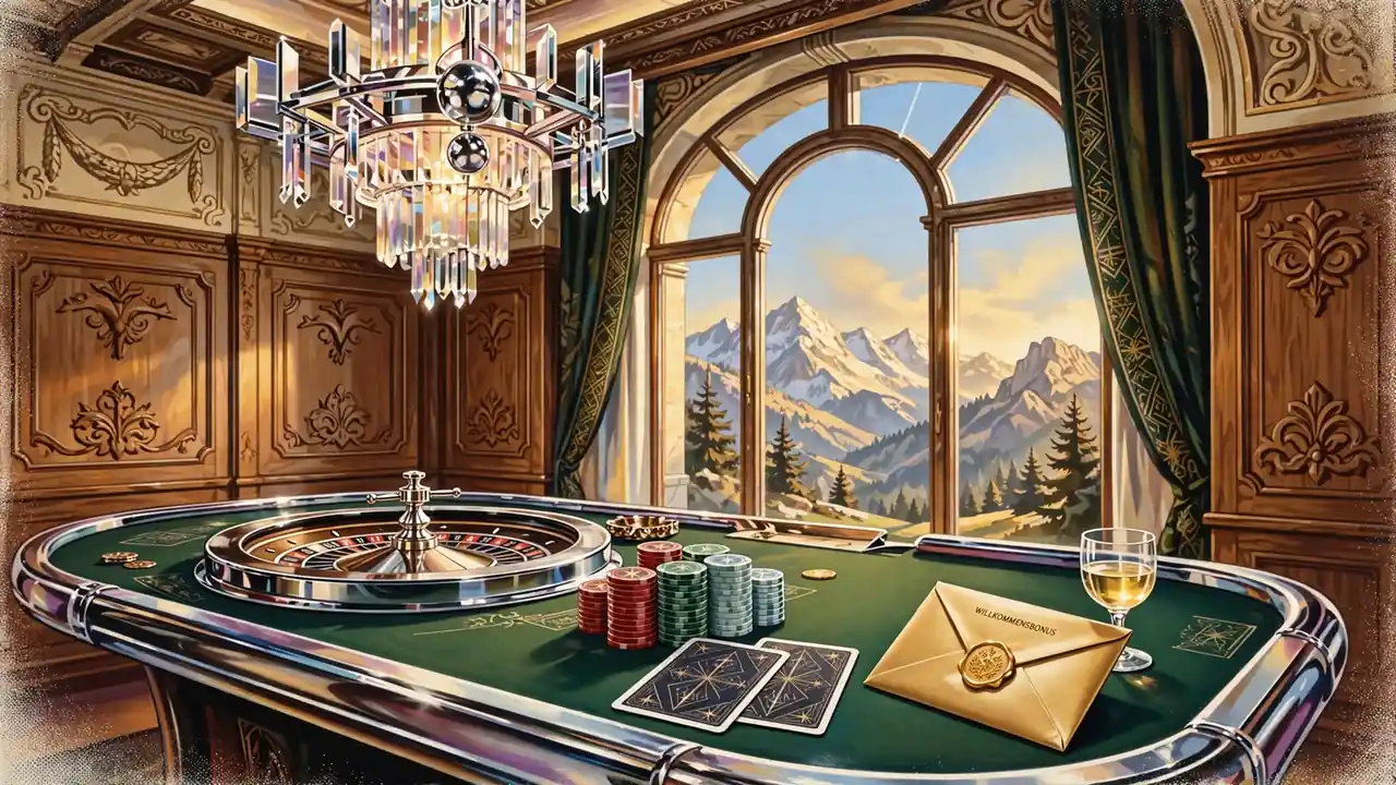 Elegante Casino-Tischszene mit Roulette, Chips, Karten und goldenem Willkommensbriefumschlag in österreichischem Interieur mit Alpenblick.