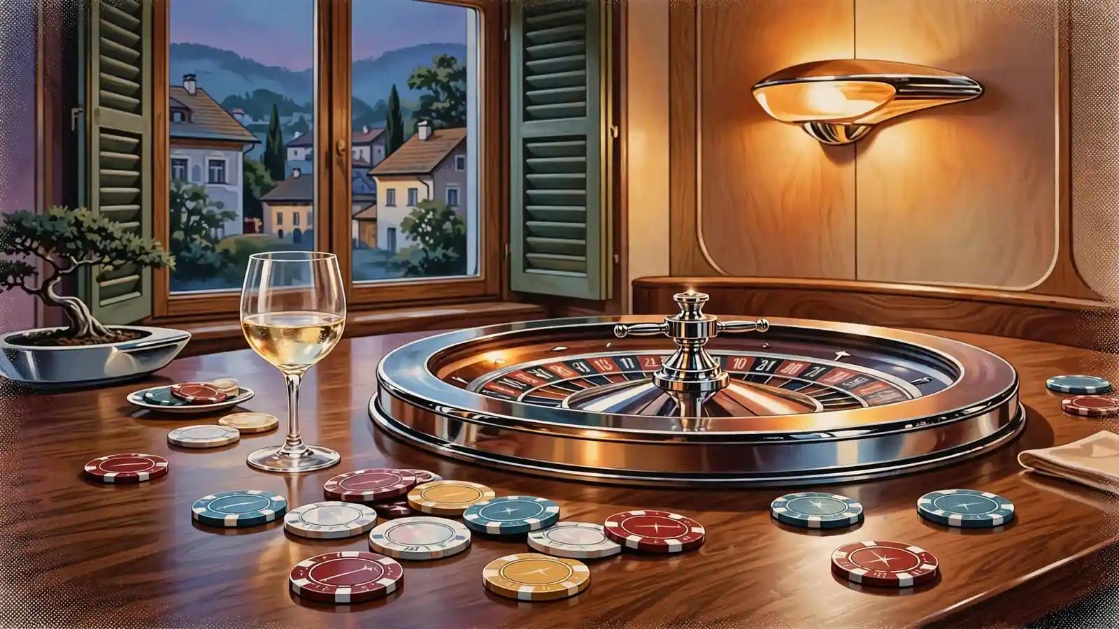 Roulette-Tisch mit Chips in einem gemütlichen österreichischen Spielzimmer.