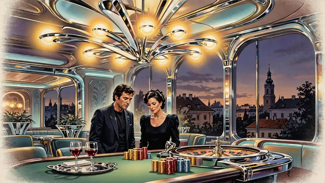 Stilvolles Casino-Ambiente mit Roulette-Tisch und Wiener Abendstimmung.