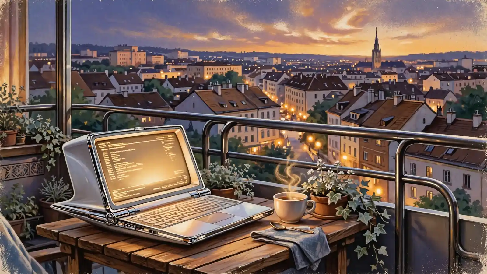 Abendliche Wohnung in Österreich mit Laptop auf dem Balkon