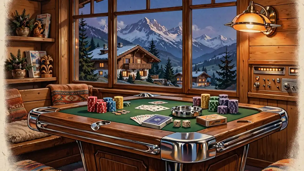 Pokertisch mit Chips und Karten in einer österreichischen Alpen-Lounge, Berge im Hintergrund