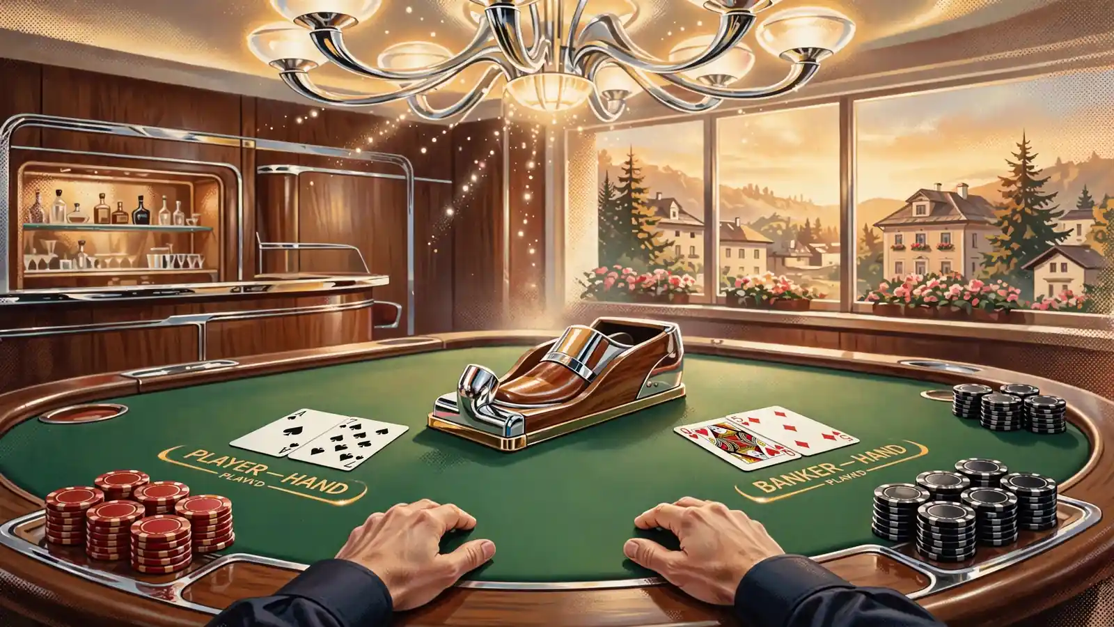Punto Banco Spieltisch mit Chips und Karten im österreichischen Casino