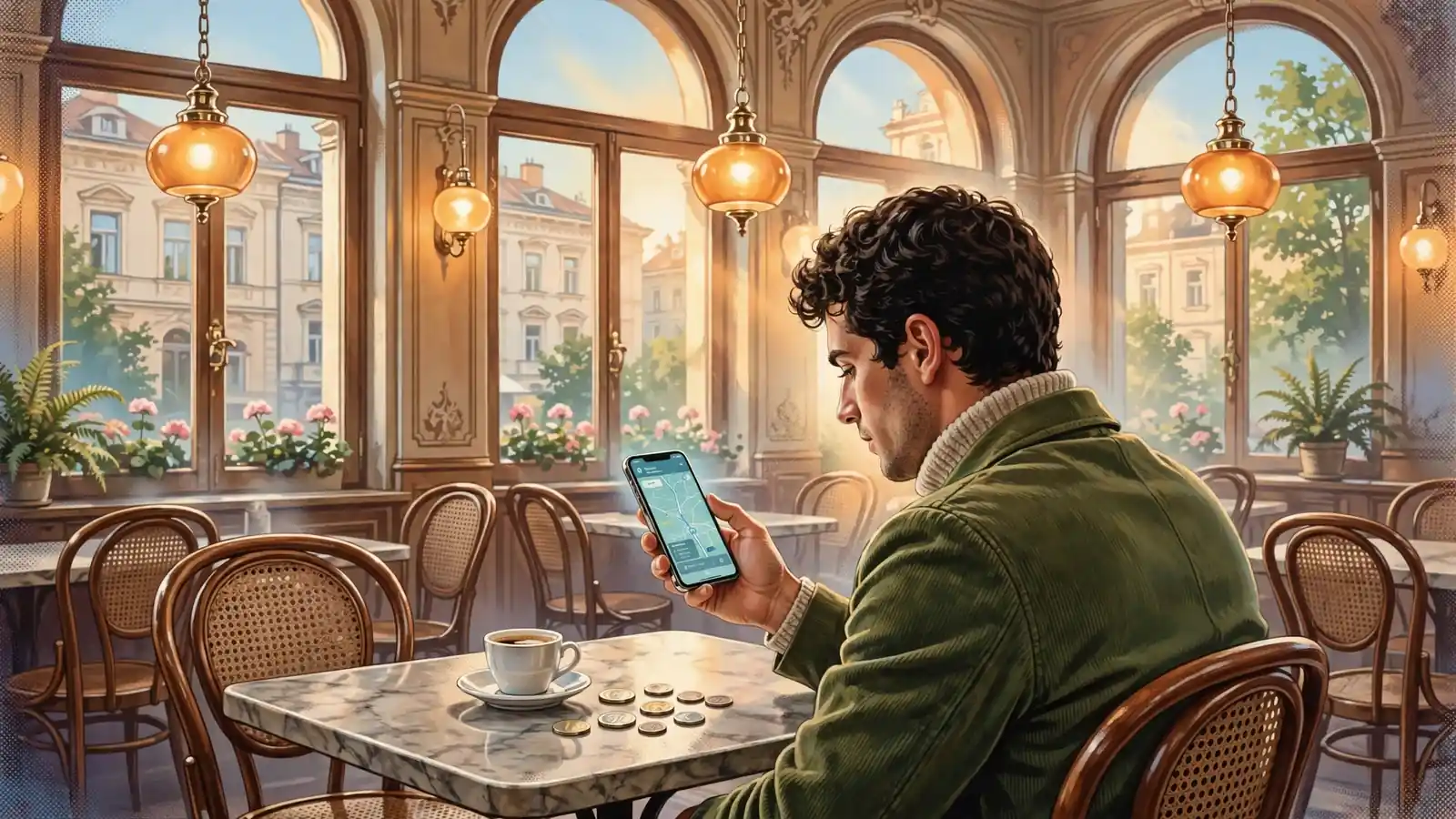 Junge Person mit Smartphone im Wiener Kaffeehaus, Euro-Münzen auf dem Tisch