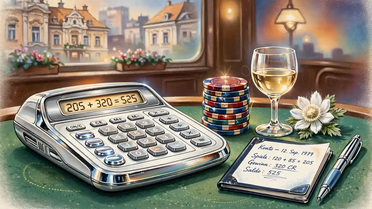 Rechner, Spielchips und Notizbuch auf einem Filz-Spieltisch mit edlem österreichischem Flair.